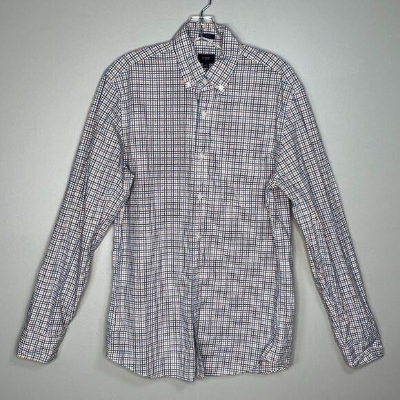 J Crew Factory Shirt Men Large Blue Orange Plaid Button Down Slim Casual Preppy - Picture 2 of 8